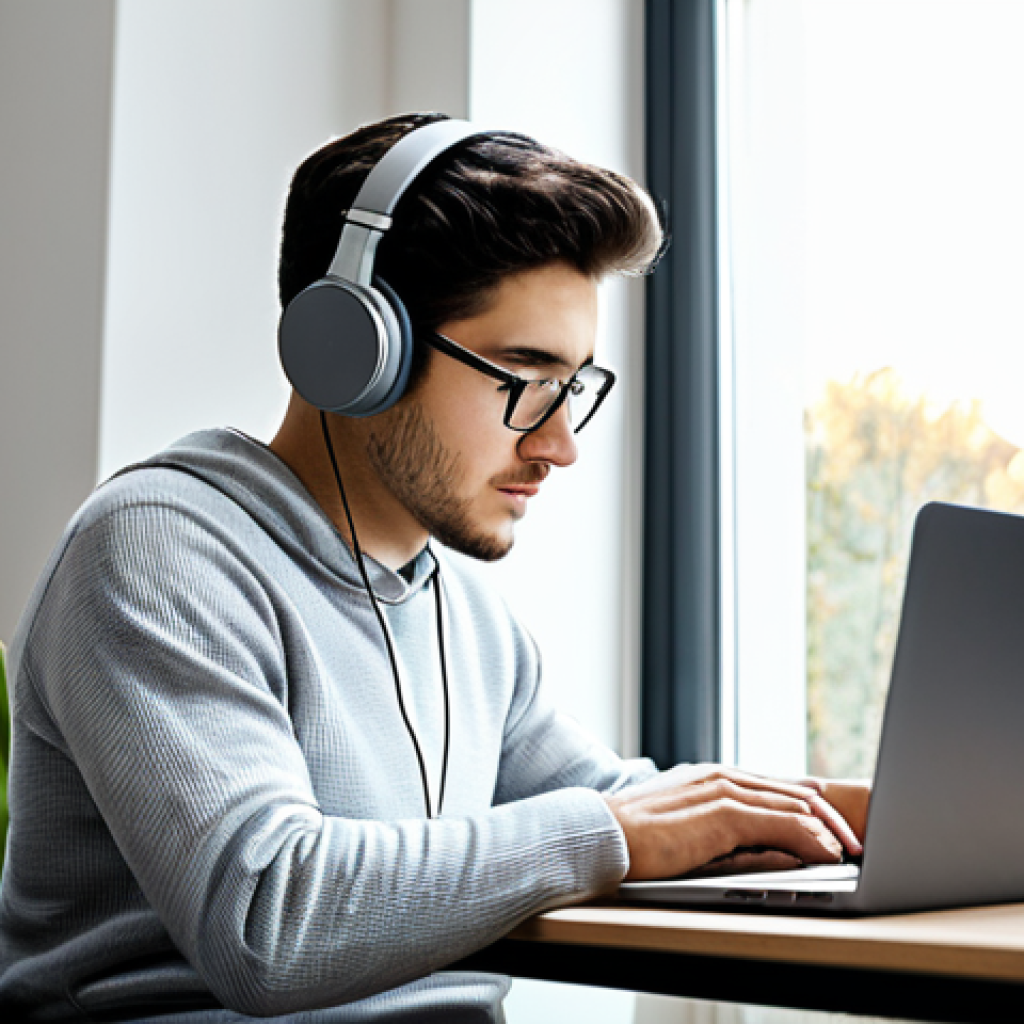 A focused professional working from a modern, minimalist home office. The subject is a young adult, fully clothed in a modest, professional sweater and slacks, wearing over-ear headphones. They are calmly typing on a laptop, with natural light streaming through a large window. A clean desk with a small plant and a cup of tea. The overall atmosphere is serene and conducive to deep work. Perfect anatomy, correct proportions, natural pose, well-formed hands, proper finger count, natural body proportions, safe for work, appropriate content, fully clothed, professional dress, high quality.