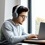 A focused professional working from a modern, minimalist home office. The subject is a young adult, fully clothed in a modest, professional sweater and slacks, wearing over-ear headphones. They are calmly typing on a laptop, with natural light streaming through a large window. A clean desk with a small plant and a cup of tea. The overall atmosphere is serene and conducive to deep work. Perfect anatomy, correct proportions, natural pose, well-formed hands, proper finger count, natural body proportions, safe for work, appropriate content, fully clothed, professional dress, high quality.