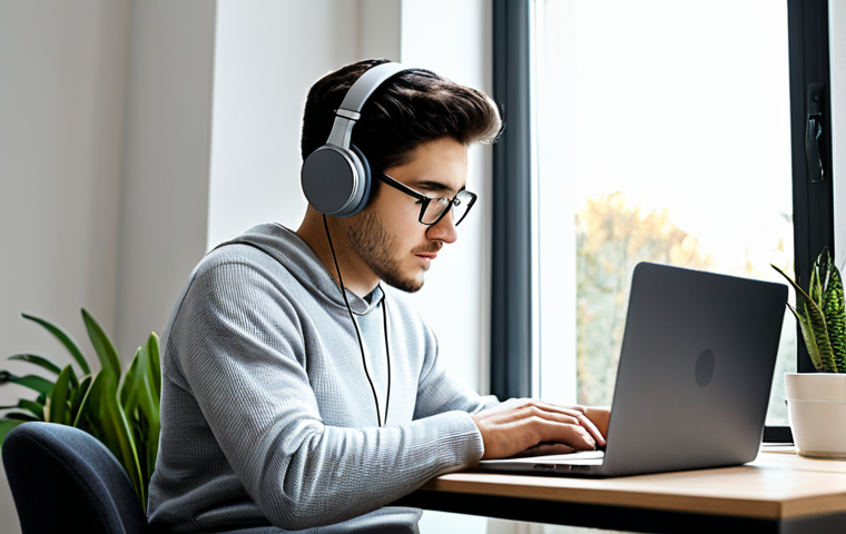 A focused professional working from a modern, minimalist home office. The subject is a young adult, fully clothed in a modest, professional sweater and slacks, wearing over-ear headphones. They are calmly typing on a laptop, with natural light streaming through a large window. A clean desk with a small plant and a cup of tea. The overall atmosphere is serene and conducive to deep work. Perfect anatomy, correct proportions, natural pose, well-formed hands, proper finger count, natural body proportions, safe for work, appropriate content, fully clothed, professional dress, high quality.
