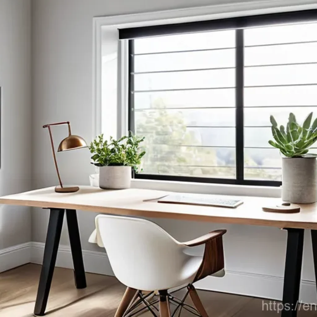 원격근무 환경에서의 알맞은 분위기 조성 - **The Modern Minimalist Sanctuary:** A pristine and highly organized home office workspace, designed...