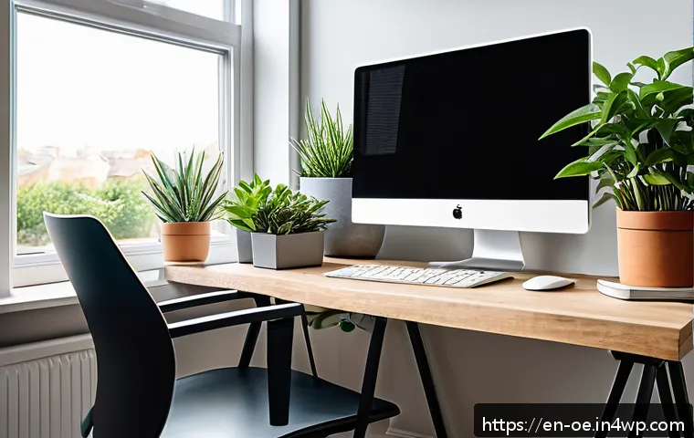 효율적인 원격근무를 위한 공간 혁신 사례 - A bright and cozy home office corner bathed in natural sunlight from a large window, featuring an er...